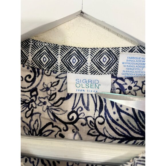 Sigrid Olsen Womens Linen White Blue Floral Tunic Top Small 3/4 Sleeves Casual - Picture 3 of 10